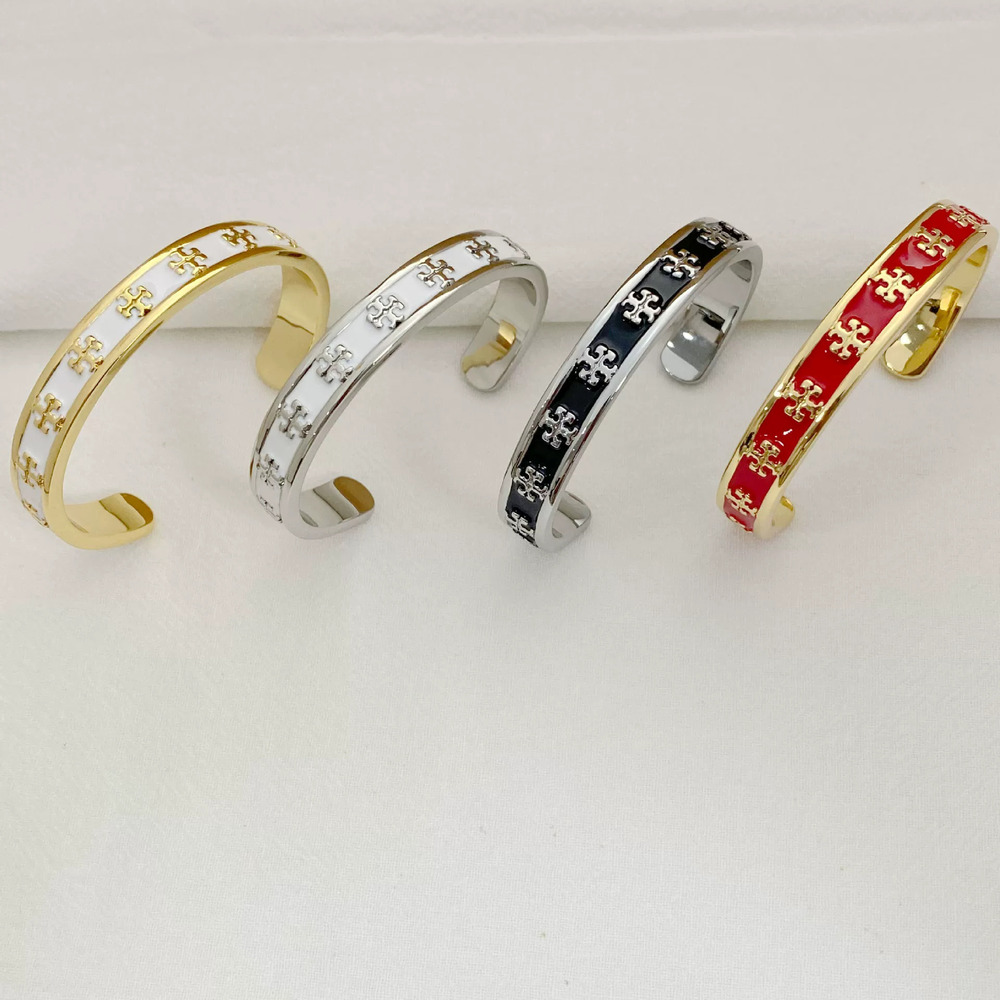 Tory Burch Enamel Inlaid Letter Open Metal Bangle